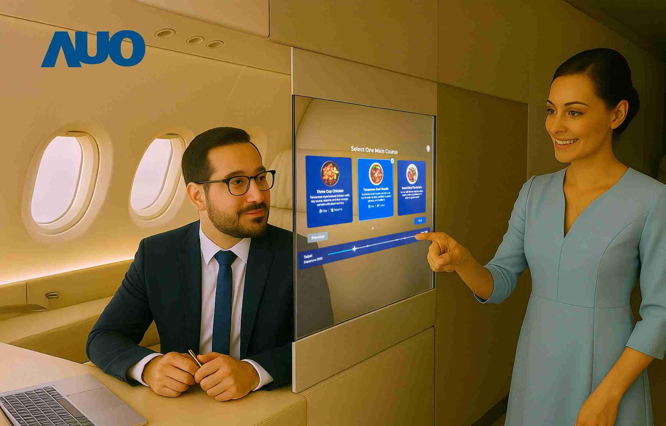 28国际研发全球最薄17.3 吋双面透明 Micro LED 显示器，，可在同一屏幕之双边投射不同信息，，，，创造独特的”透明化”互动；图为实时翻译交流应用情境